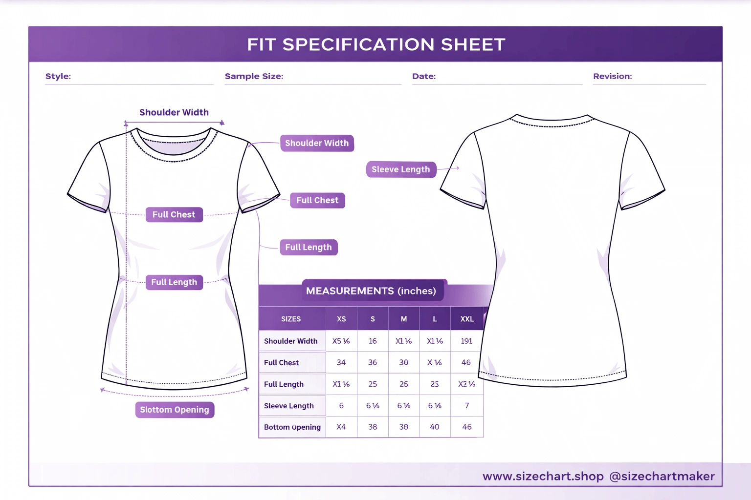 Size Chart Tool for Pattern Grading and Fit Specification Sheets | Size ...